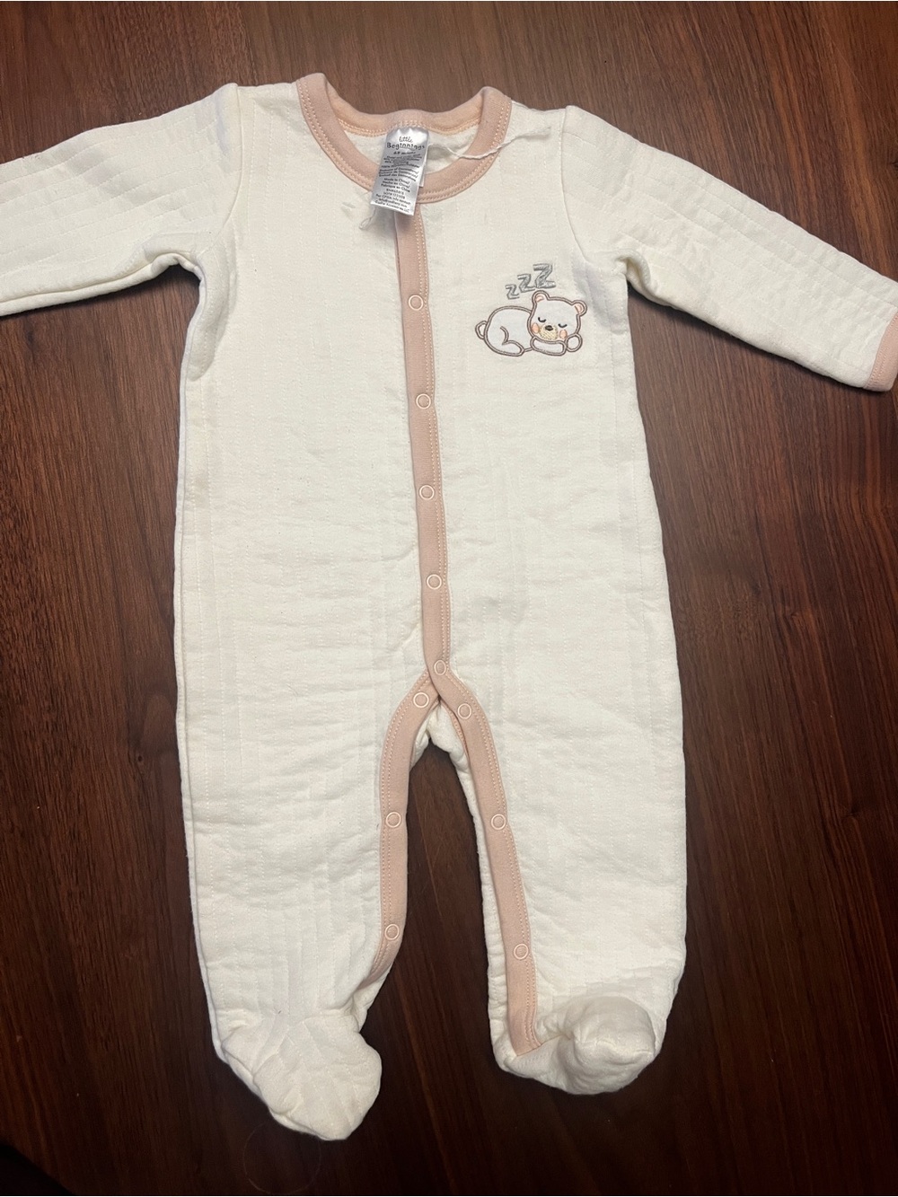 Cream Baby Footed One-Piece with Beige Trim and Sleeping Bear